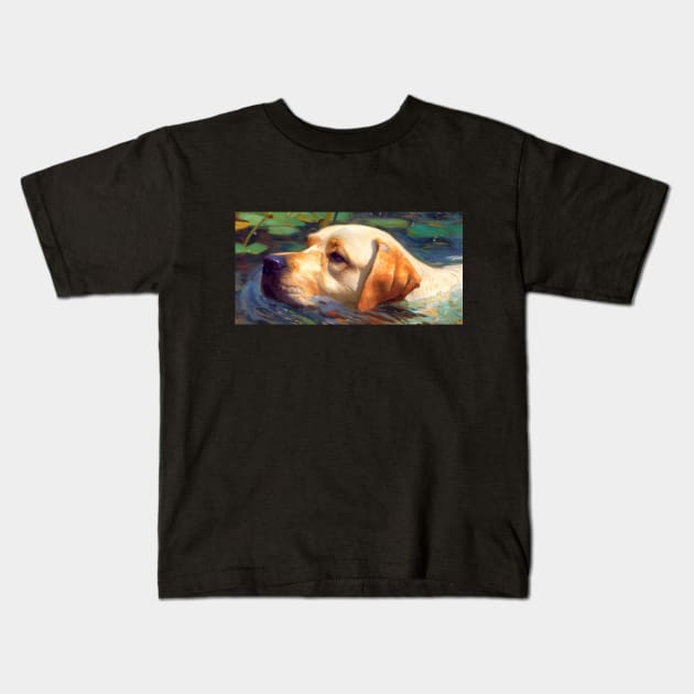 a Labrador Retriever swimming in the river painting Kids T-Shirt by Arteria6e9Vena